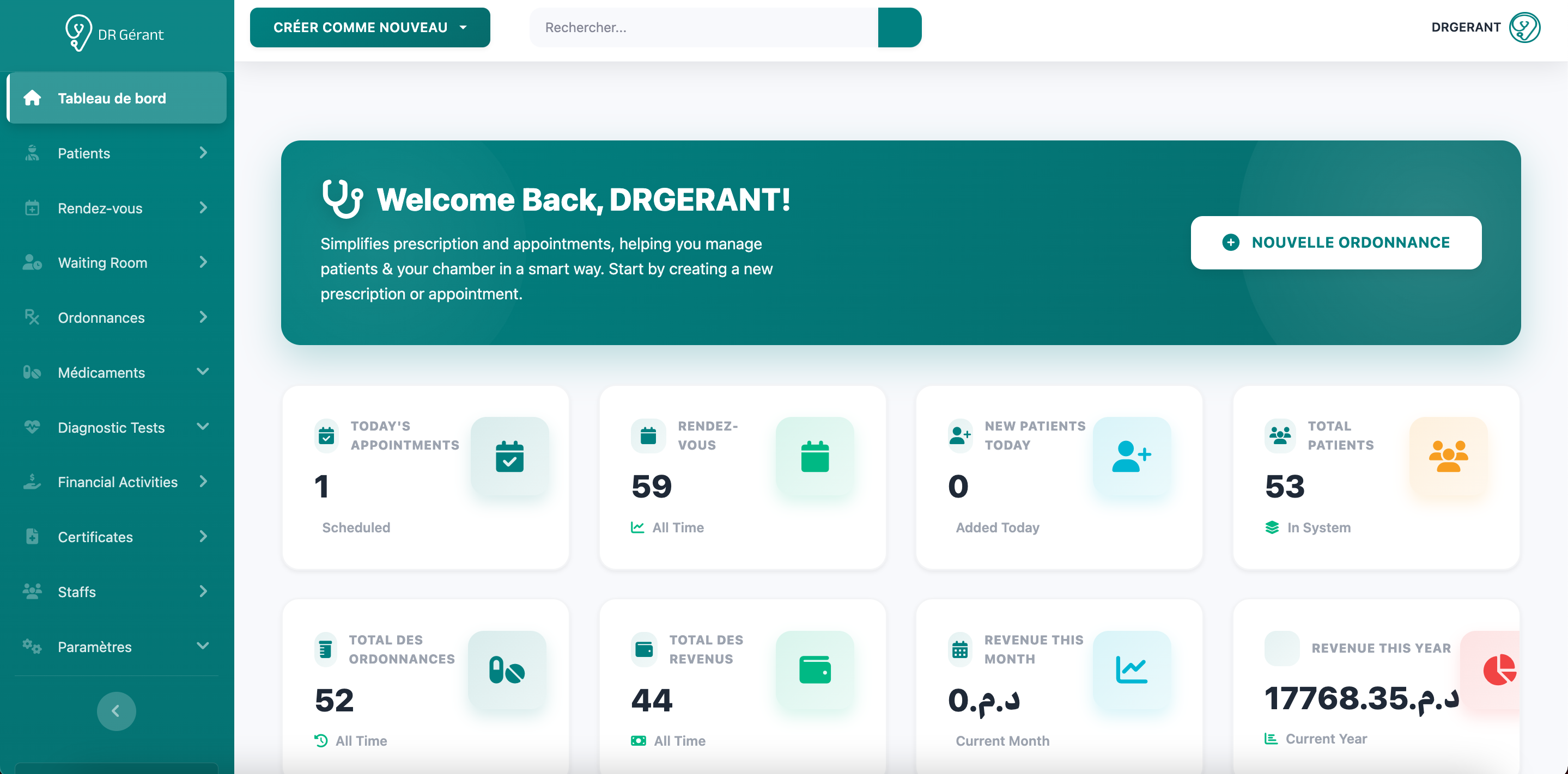 Interface DrGérant - Tableau de bord médical